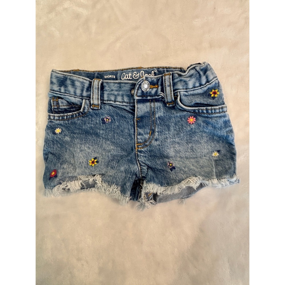 Cat & Jack Girls 2T Denim Shorts Blue Floral Embroidered Frayed Hem Stretch